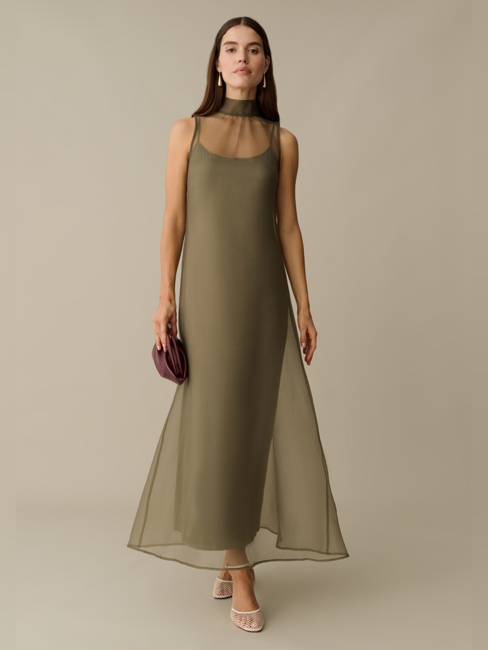 Caara Alette Chiffon Overlay Dress in Moss Grey Sz Lg NWT